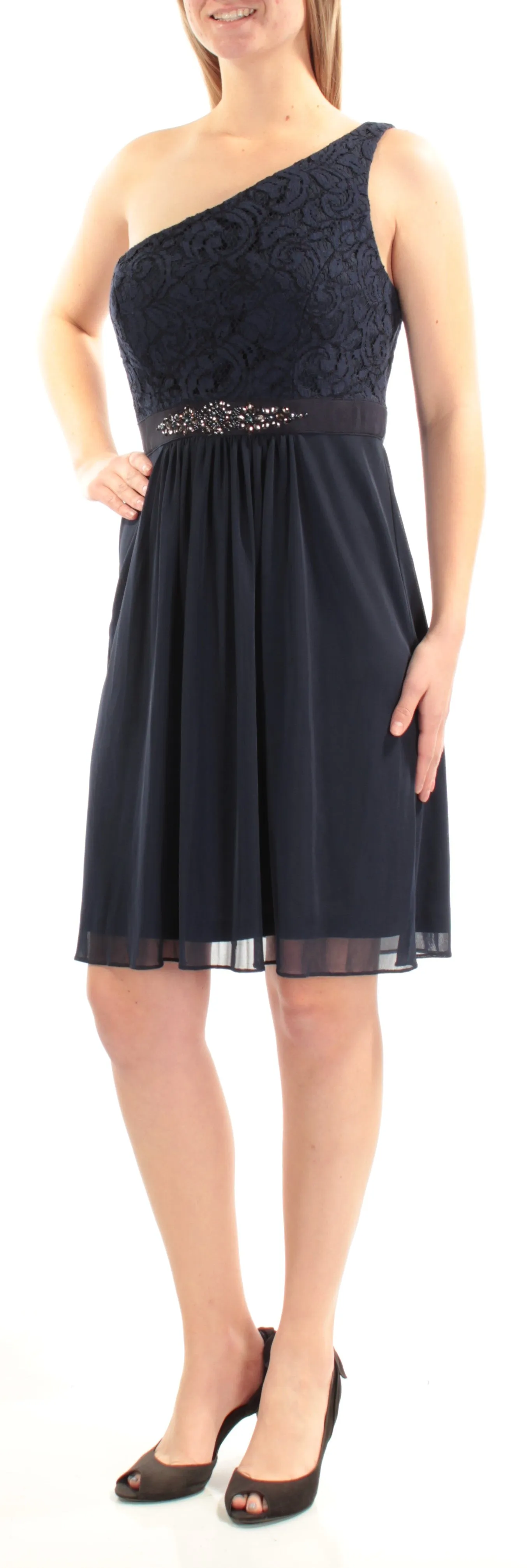 ADRIANNA PAPELL Womens Beaded Sleeveless Asymmetrical Neckline Above The Knee Formal Fit   Flare Dress