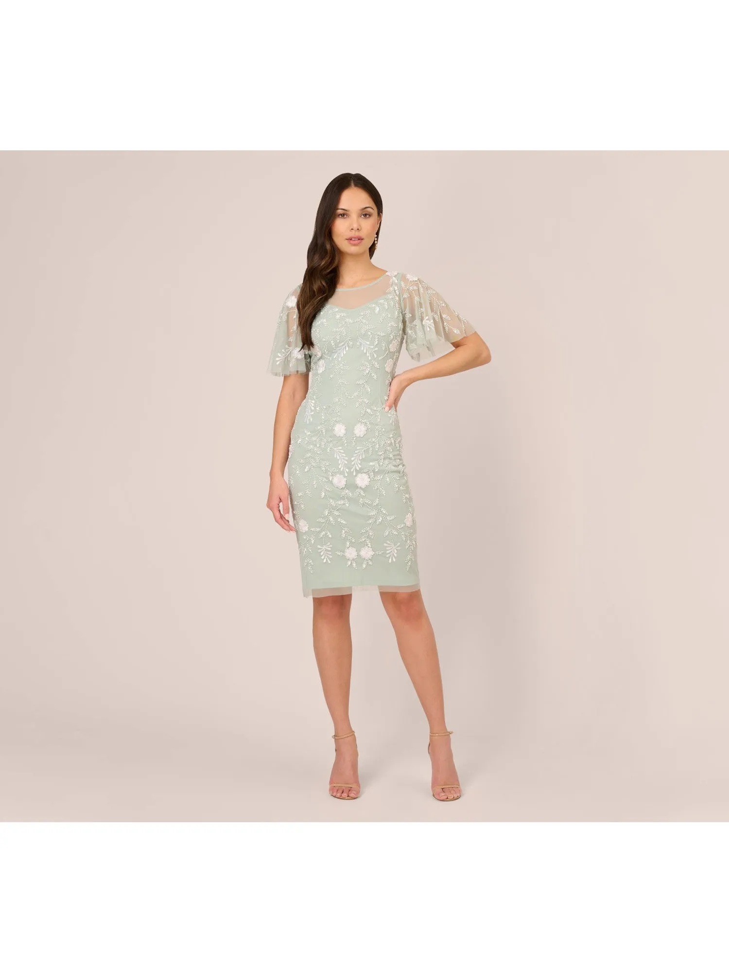 ADRIANNA PAPELL Womens Embellished Flutter Sleeve Illusion Neckline Knee Length Formal Sheath Dress