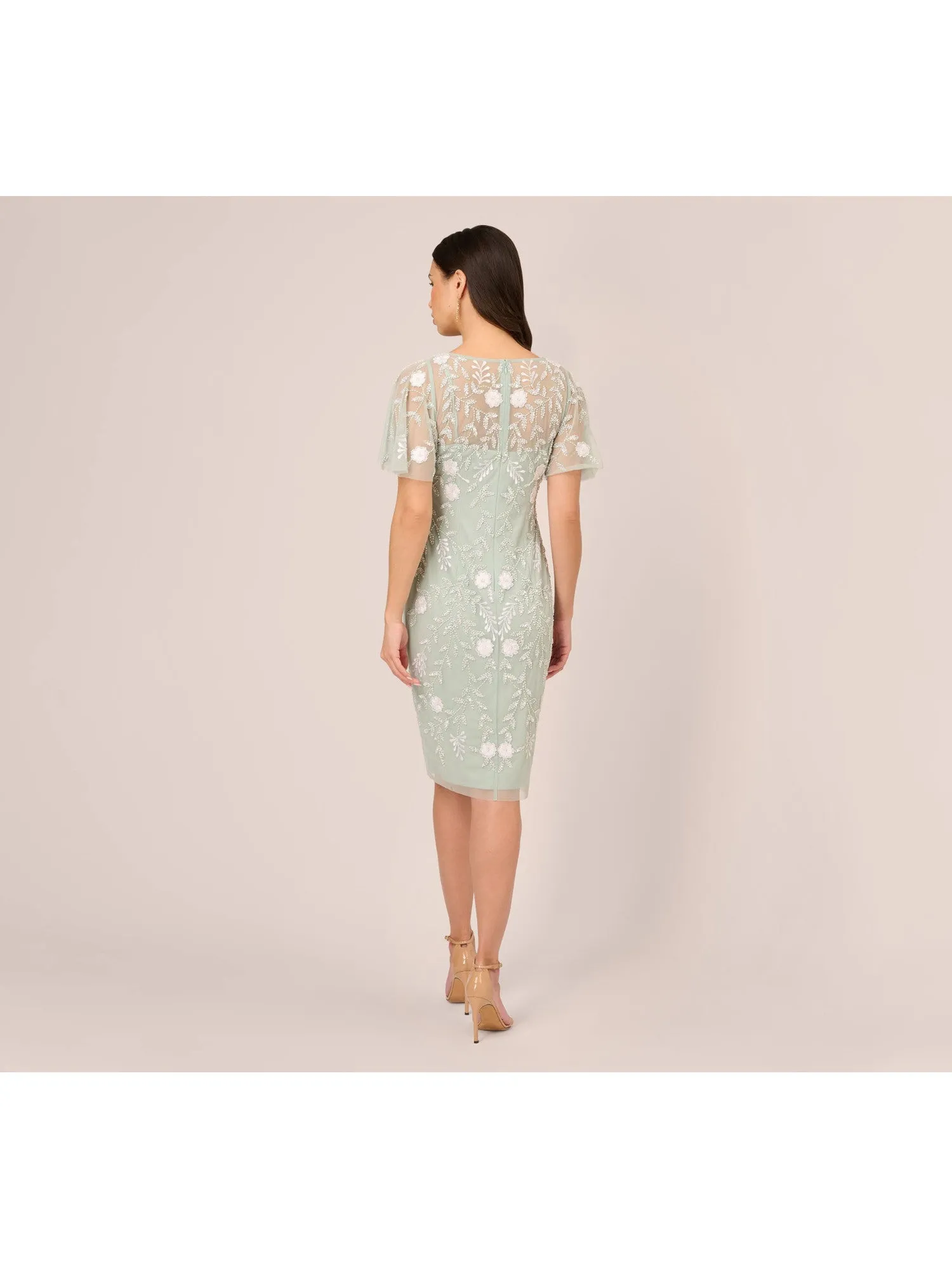 ADRIANNA PAPELL Womens Embellished Flutter Sleeve Illusion Neckline Knee Length Formal Sheath Dress