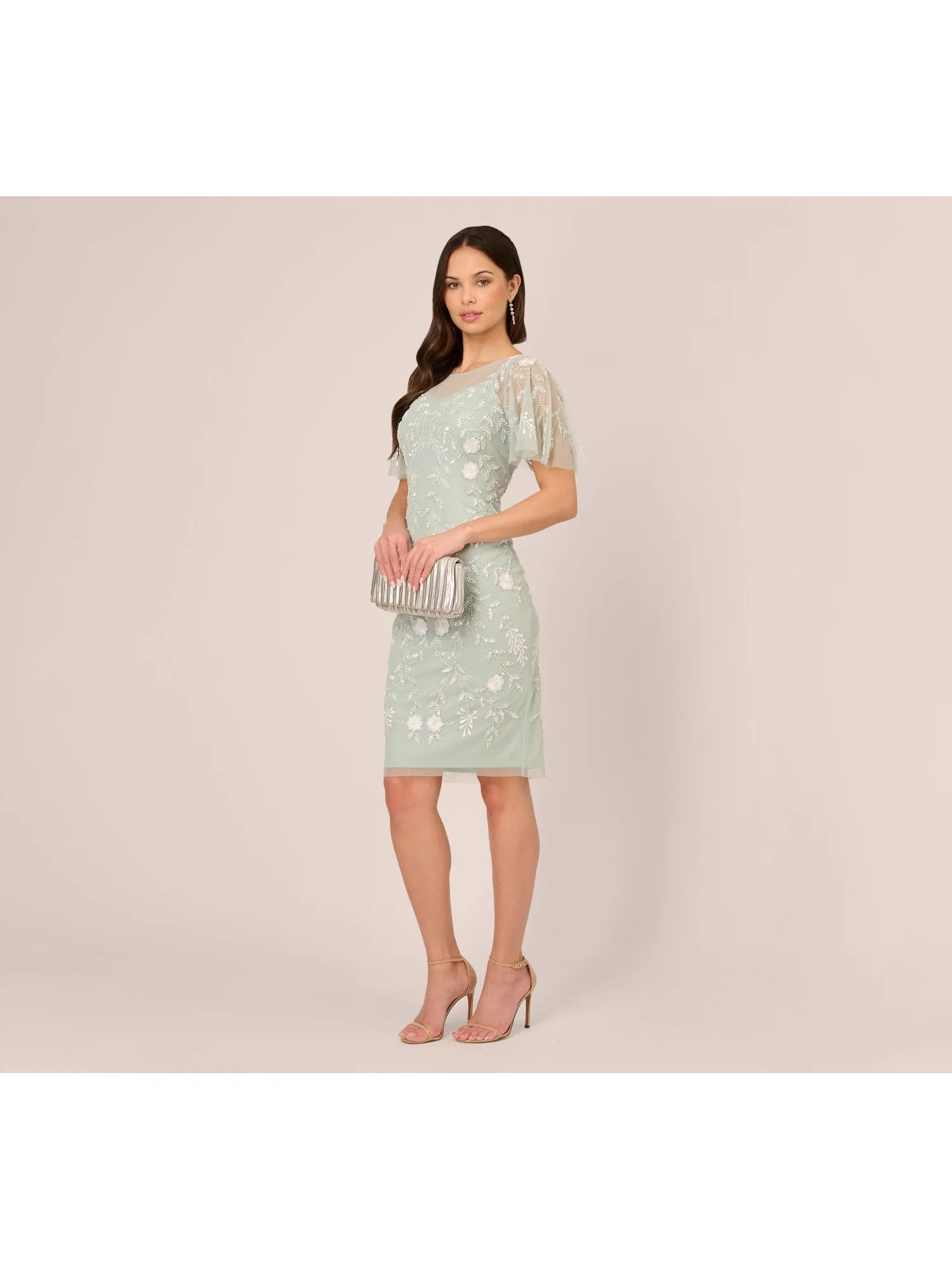 ADRIANNA PAPELL Womens Embellished Flutter Sleeve Illusion Neckline Knee Length Formal Sheath Dress