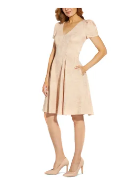 ADRIANNA PAPELL Womens Pocketed Printed Short Sleeve V Neck Above The Knee Wear To Work Fit   Flare Dress