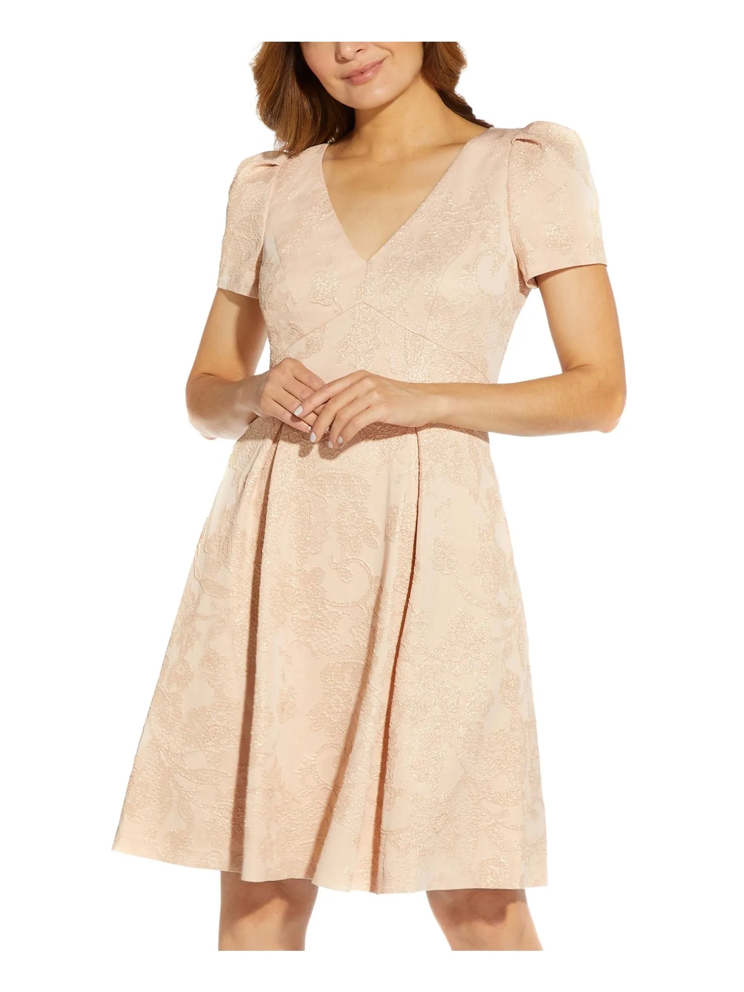 ADRIANNA PAPELL Womens Pocketed Printed Short Sleeve V Neck Above The Knee Wear To Work Fit   Flare Dress