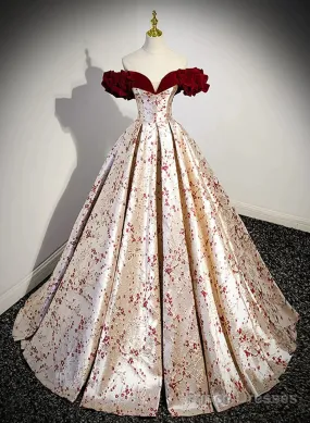 Beautiful Floral Satin Sweetheart Off Shoulder Prom Dress, Long Satin Party Dress