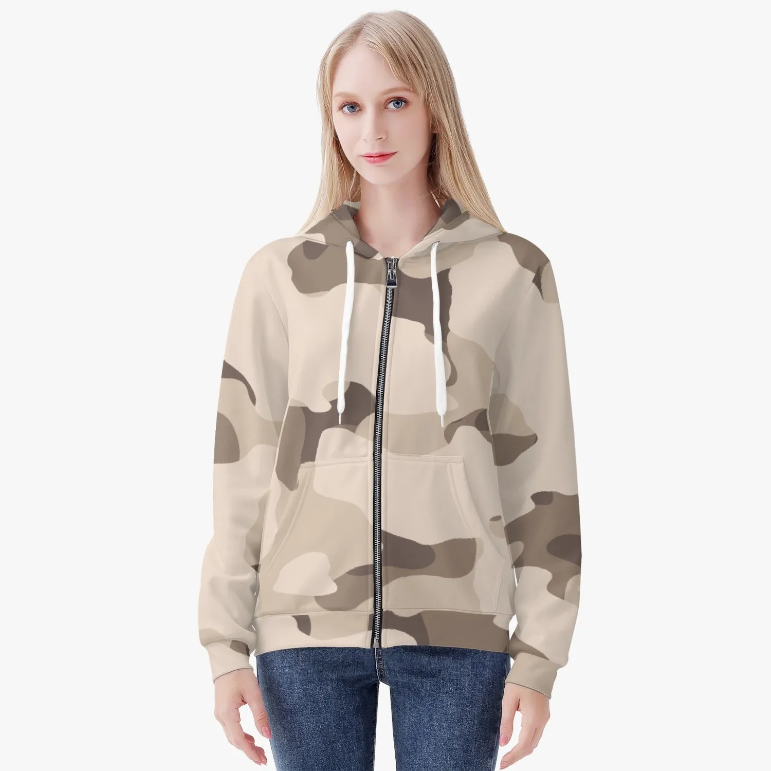 Brown Camouflage Women's Full Zip Up Hoodie