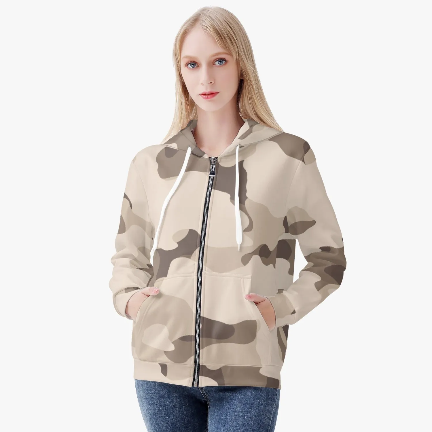 Brown Camouflage Women's Full Zip Up Hoodie