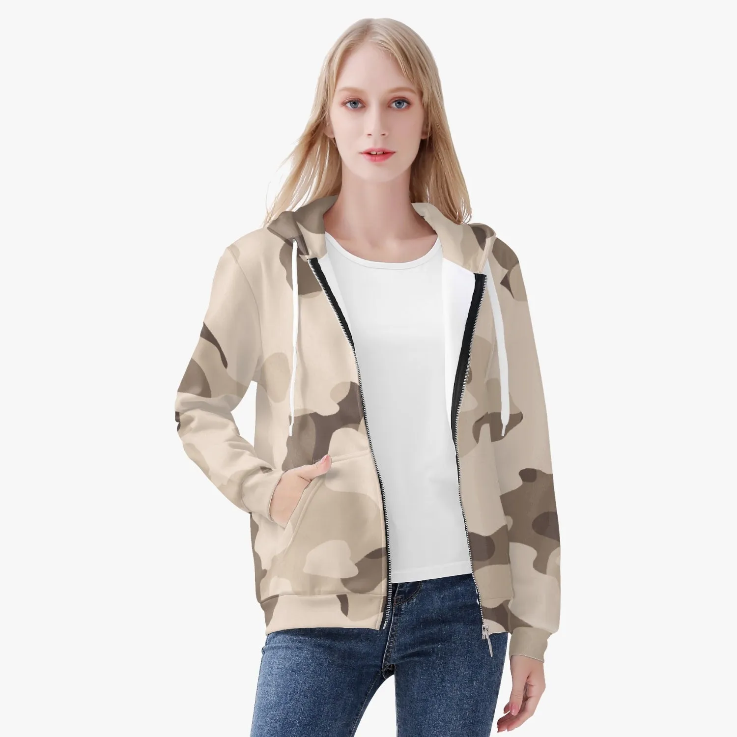 Brown Camouflage Women's Full Zip Up Hoodie