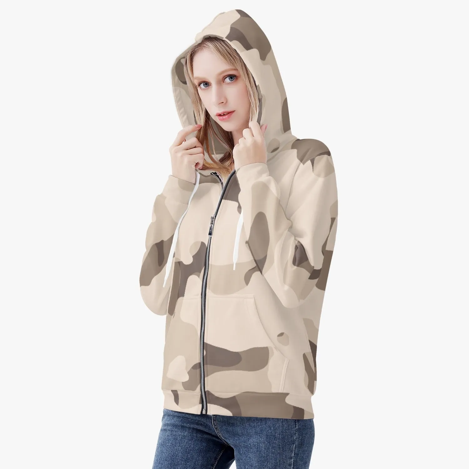 Brown Camouflage Women's Full Zip Up Hoodie