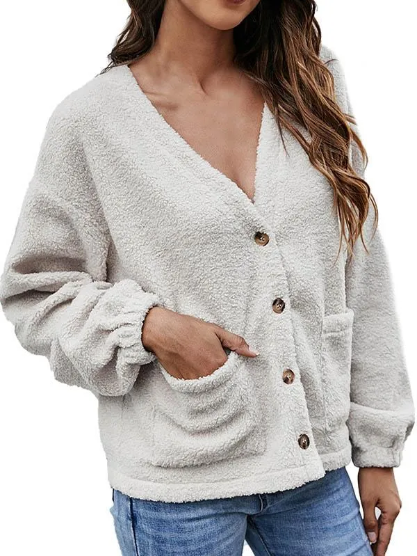 Button Down V Neck Cardigan Teddy Coat