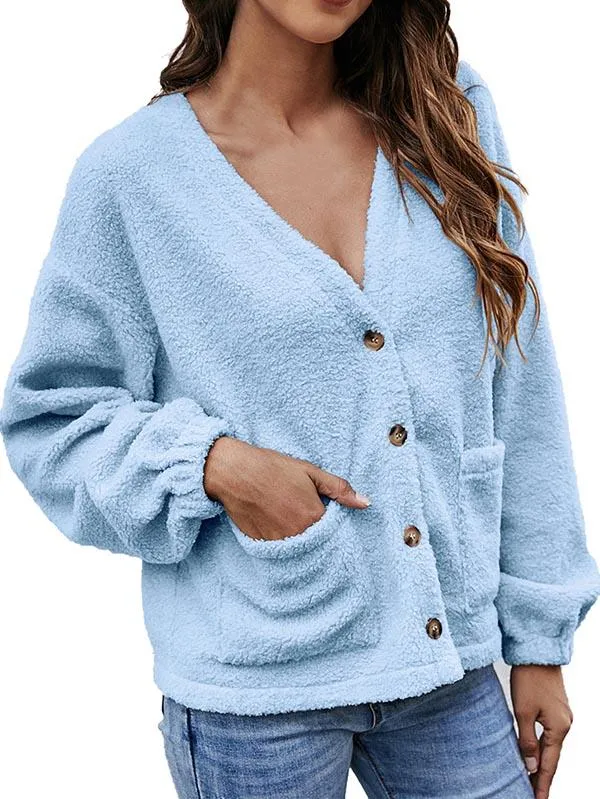 Button Down V Neck Cardigan Teddy Coat