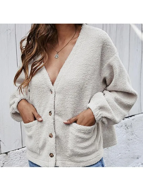 Button Down V Neck Cardigan Teddy Coat