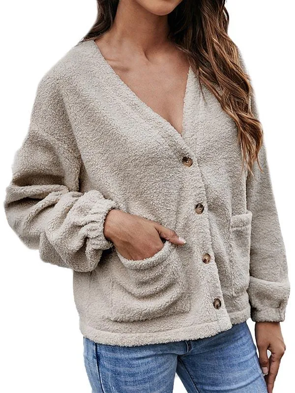 Button Down V Neck Cardigan Teddy Coat