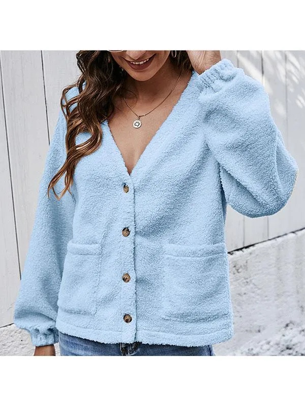 Button Down V Neck Cardigan Teddy Coat