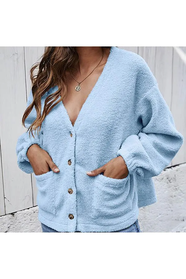 Button Down V Neck Cardigan Teddy Coat