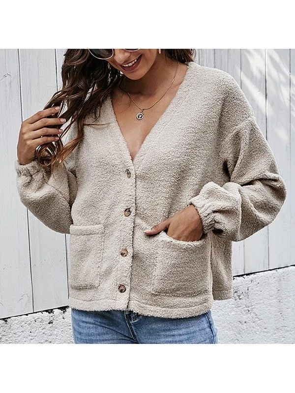 Button Down V Neck Cardigan Teddy Coat