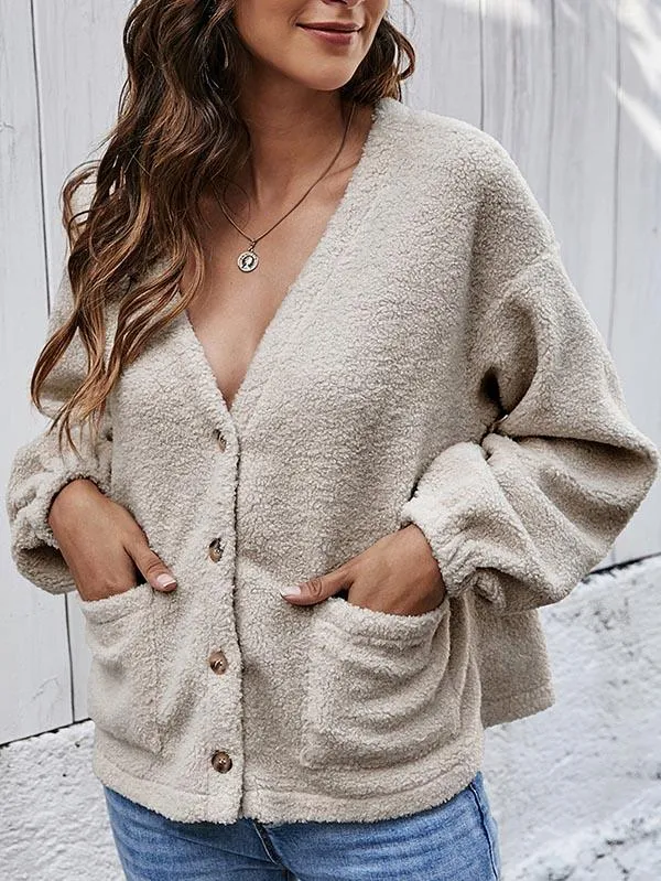 Button Down V Neck Cardigan Teddy Coat