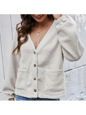 Button Down V Neck Cardigan Teddy Coat
