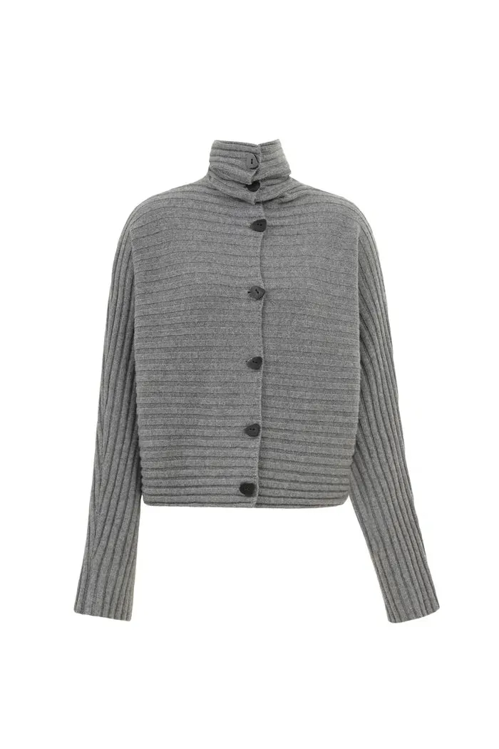 Charlotte Grey Turtleneck Cardigan in Merino Wool-Cashmere Rib Knit