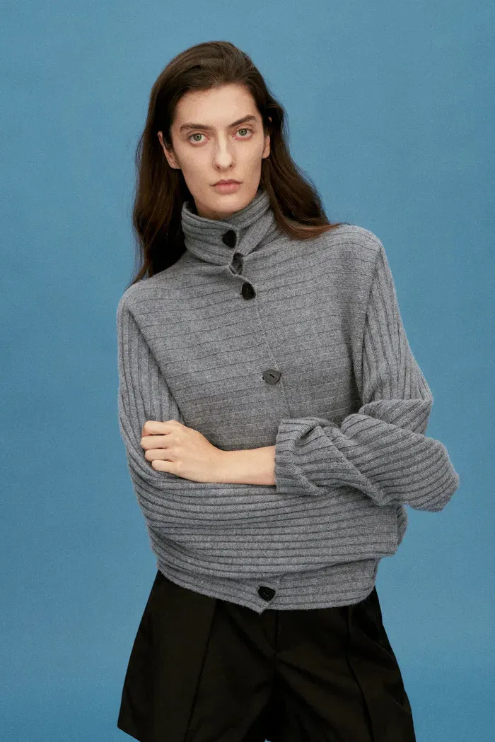 Charlotte Grey Turtleneck Cardigan in Merino Wool-Cashmere Rib Knit
