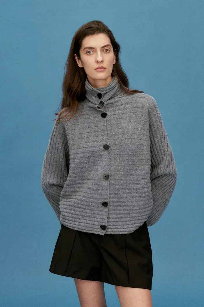 Charlotte Grey Turtleneck Cardigan in Merino Wool-Cashmere Rib Knit