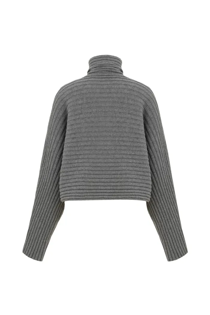 Charlotte Grey Turtleneck Cardigan in Merino Wool-Cashmere Rib Knit