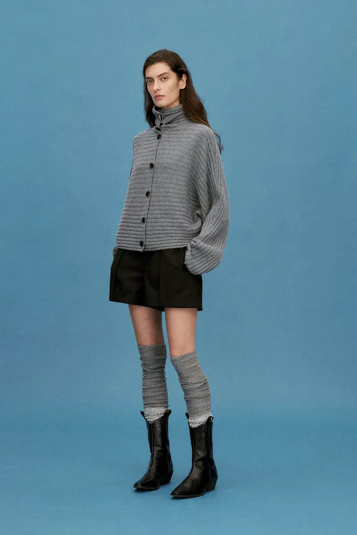 Charlotte Grey Turtleneck Cardigan in Merino Wool-Cashmere Rib Knit