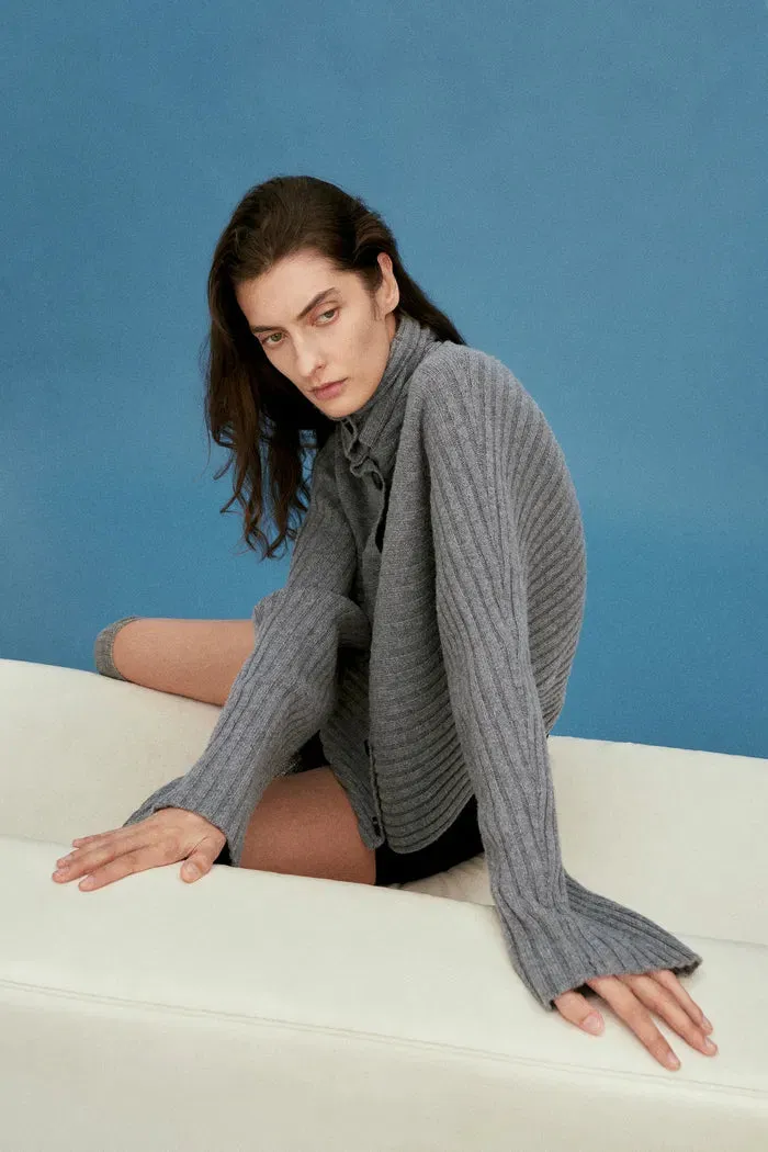 Charlotte Grey Turtleneck Cardigan in Merino Wool-Cashmere Rib Knit