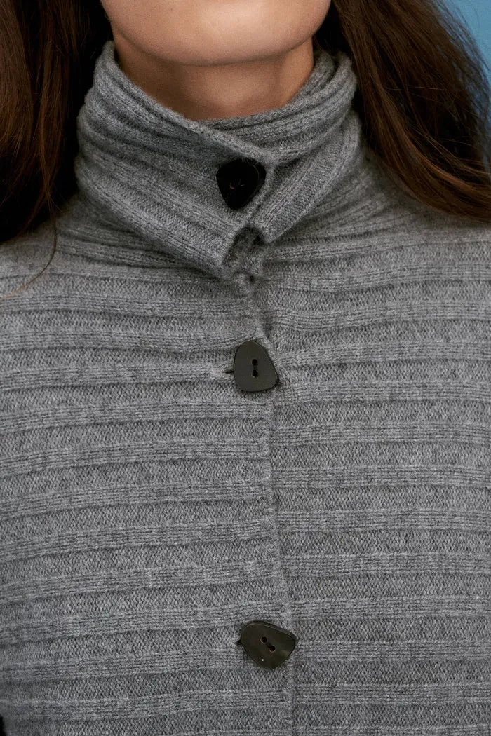 Charlotte Grey Turtleneck Cardigan in Merino Wool-Cashmere Rib Knit