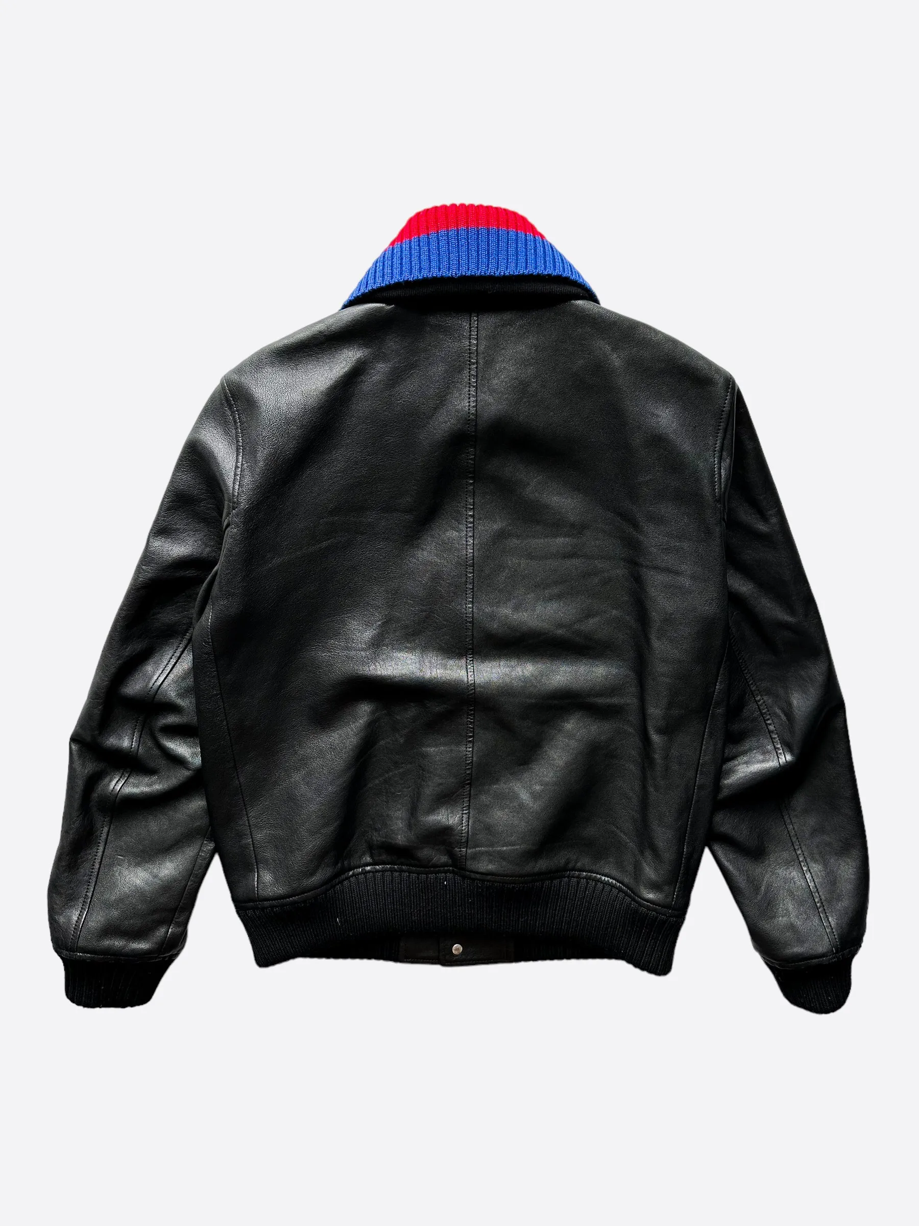 Gucci Black Tiger Head Embroidered Leather Bomber Jacket