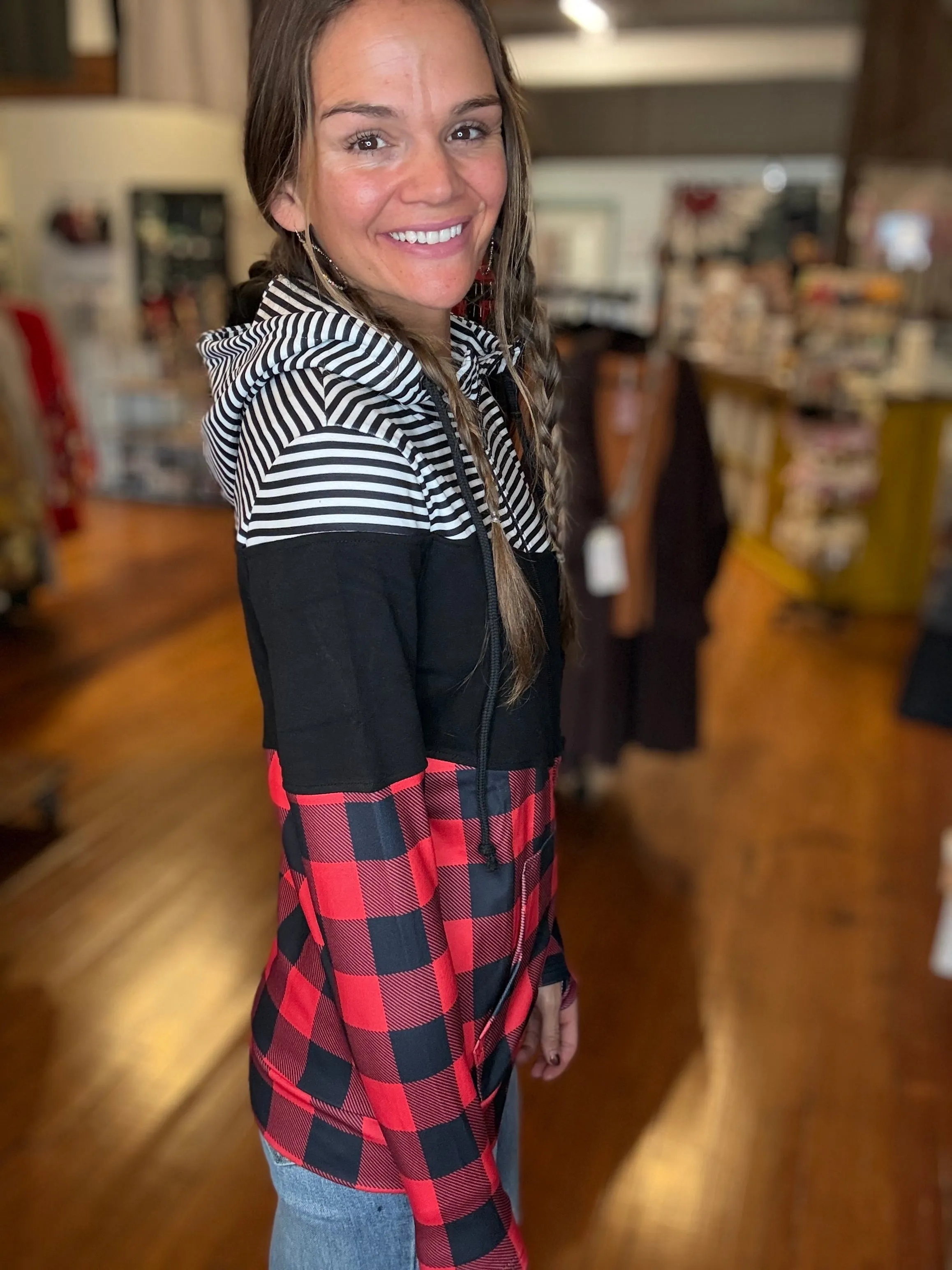 Jessa - Colorblock Fullzip - Plaid and Stripes