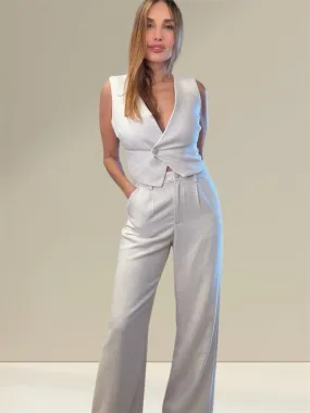 Kaia's Linen Luxe: Oatmeal Cropped Vest & Pants Set"