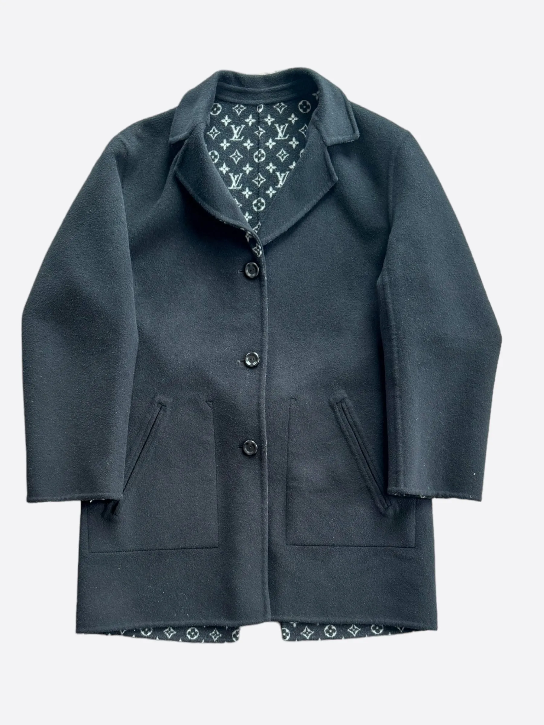 Louis Vuitton Black & Grey Monogram Reversible Wool Peacoat