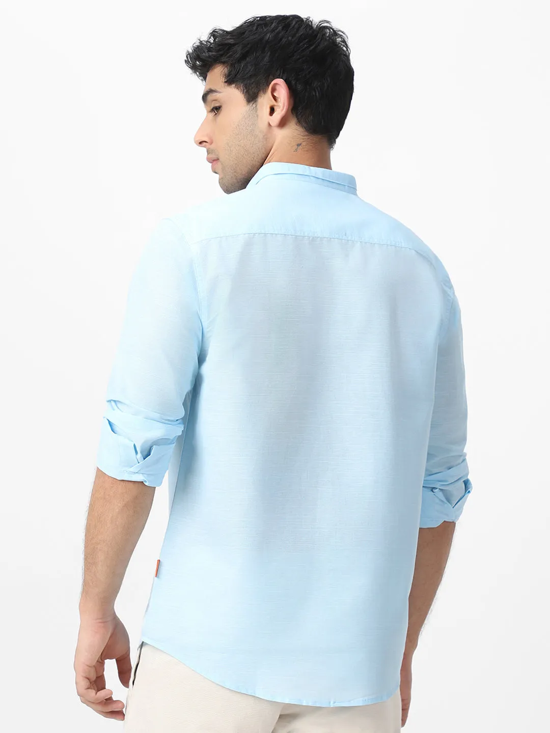 Men's Light Blue Cotton Full Sleeve Regular Fit Casual Solid Shirt with Band Collar