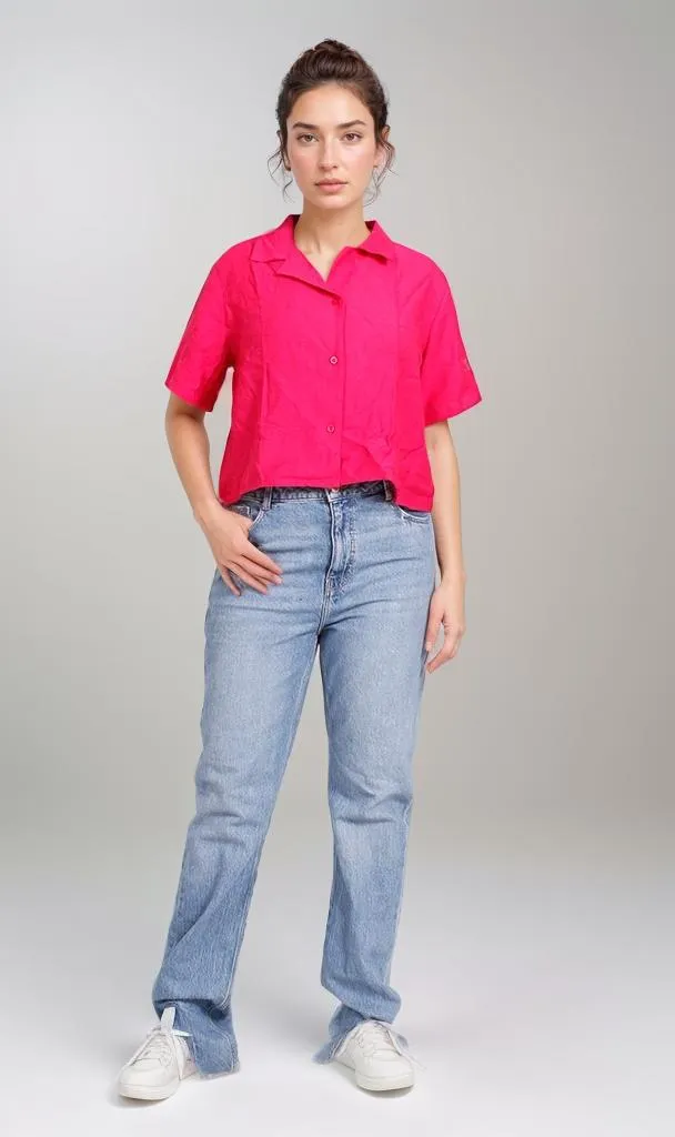 O204335-O204335 - Cropped Button-Up Shirt - Fuchsia