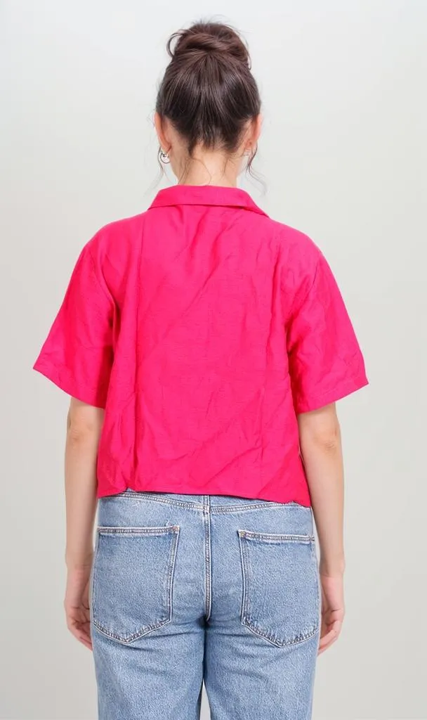 O204335-O204335 - Cropped Button-Up Shirt - Fuchsia