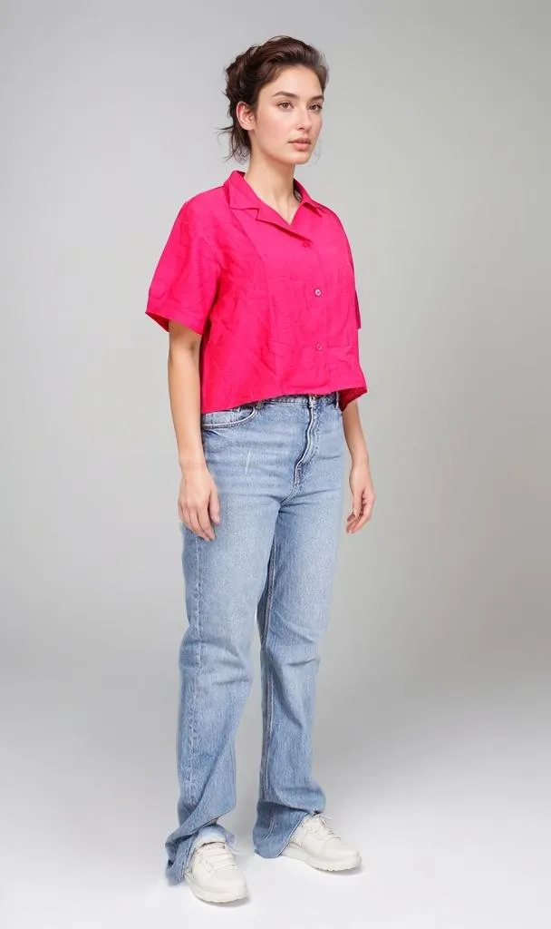 O204335-O204335 - Cropped Button-Up Shirt - Fuchsia