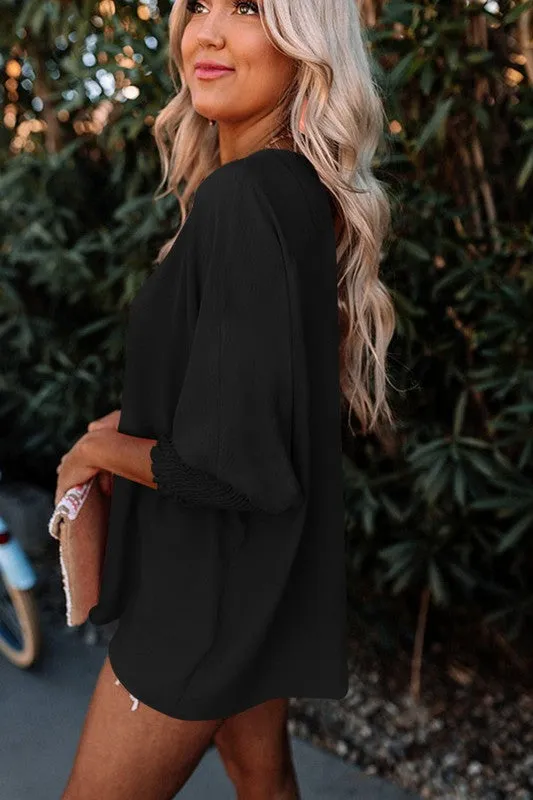 Smocked Wrist Shift Top - Black