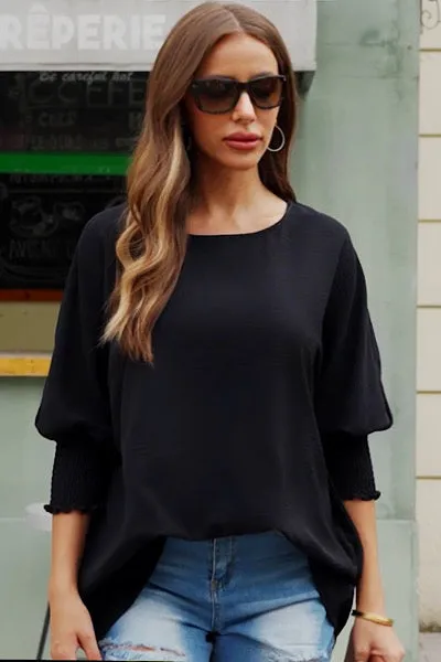 Smocked Wrist Shift Top - Black