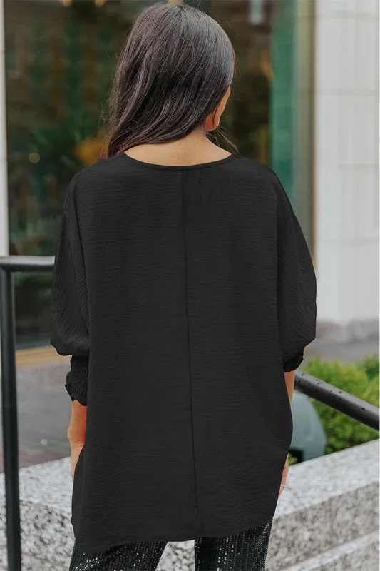 Smocked Wrist Shift Top - Black