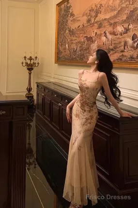 Stunning Mermaid Spaghetti Straps Champagne Floral Date Night Dress Prom Dresses Birthday Outfit