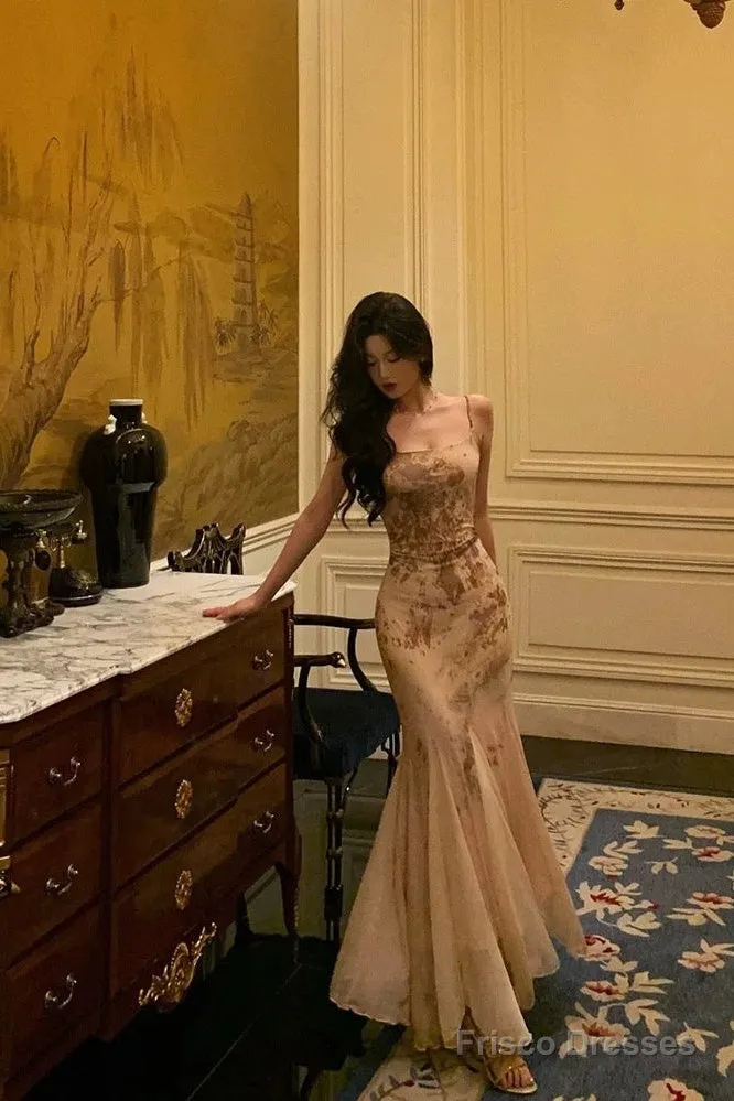 Stunning Mermaid Spaghetti Straps Champagne Floral Date Night Dress Prom Dresses Birthday Outfit