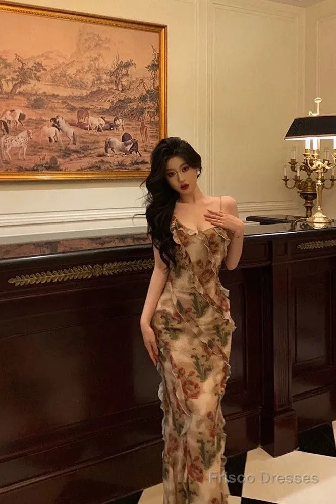 Stunning Mermaid Spaghetti Straps Floral Ruffles Long Prom Dresses Birthday Outfit