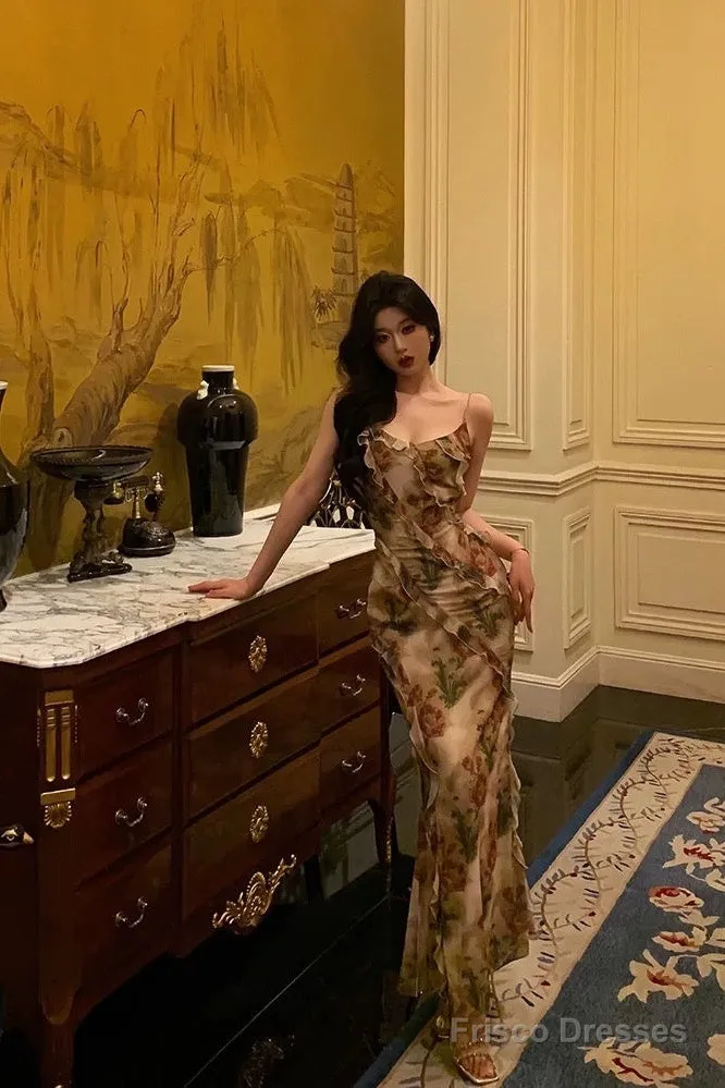 Stunning Mermaid Spaghetti Straps Floral Ruffles Long Prom Dresses Birthday Outfit