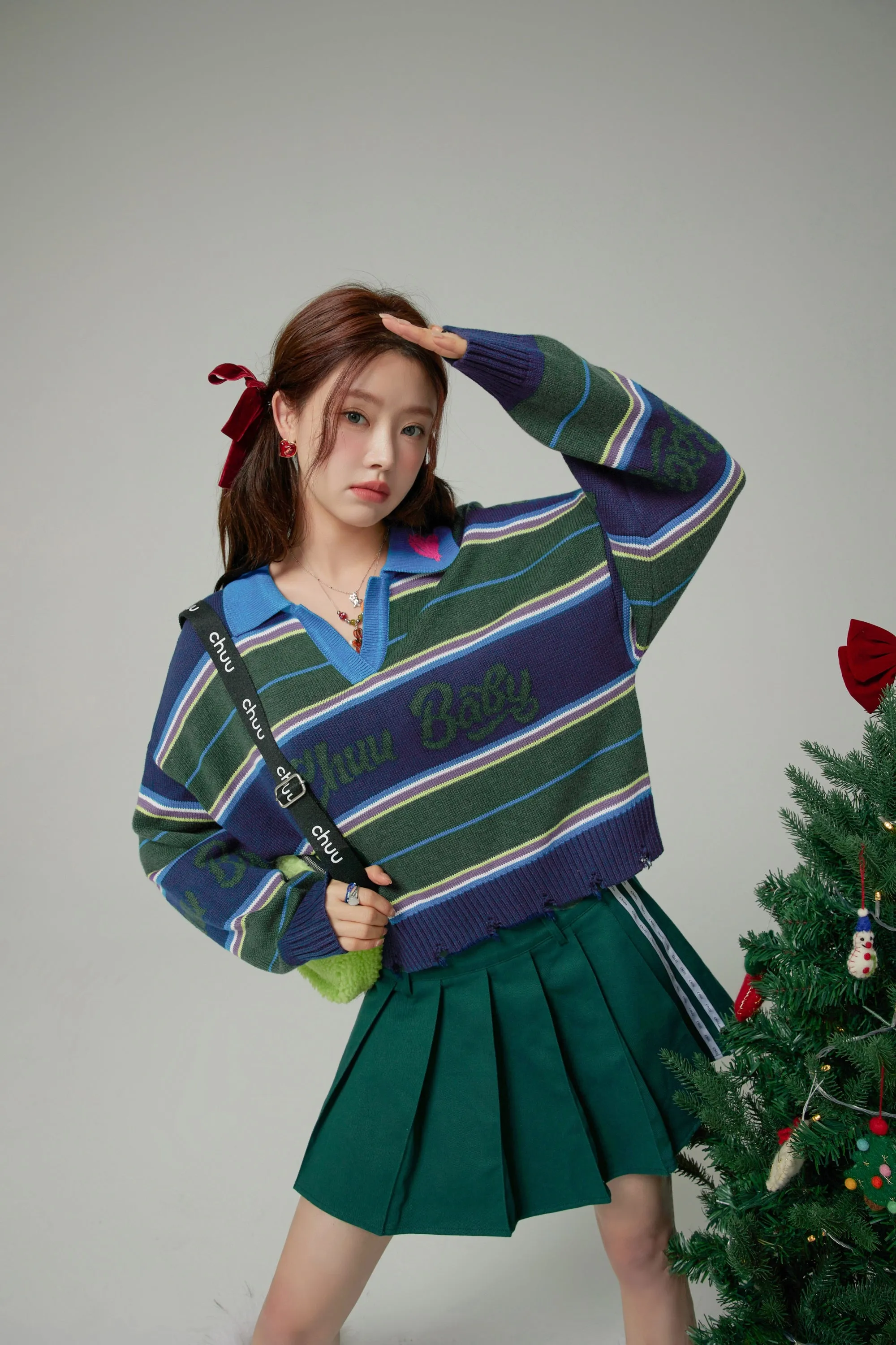 Technicolour Dream Open Collar Stripe Knit Sweater