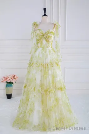 Tie Straps Yellow Floral Print Ruffles Tulle Long Prom Dress