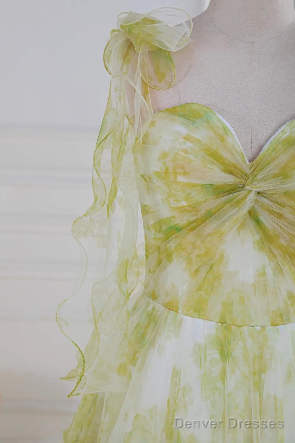 Tie Straps Yellow Floral Print Ruffles Tulle Long Prom Dress
