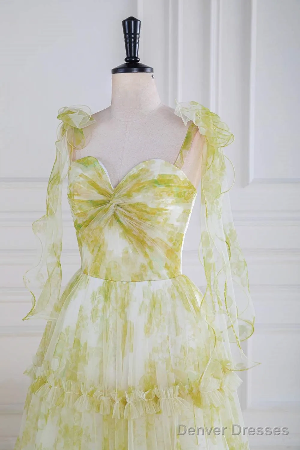 Tie Straps Yellow Floral Print Ruffles Tulle Long Prom Dress