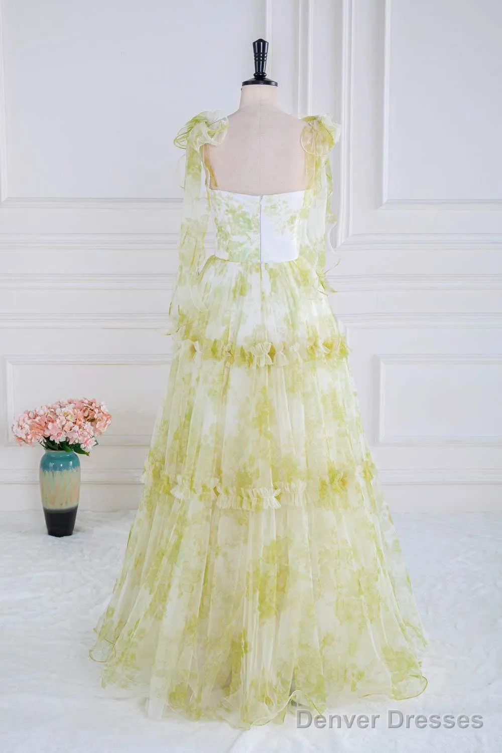 Tie Straps Yellow Floral Print Ruffles Tulle Long Prom Dress