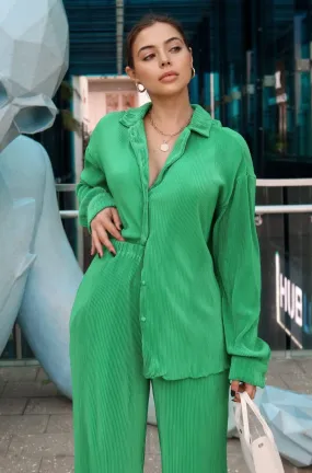 'Vacanza' Plisse Button Down Pant Set in Emerald