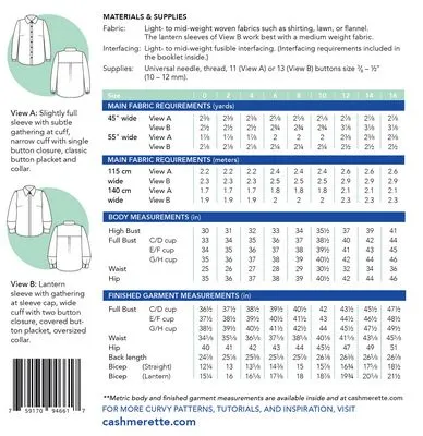 Vernon Shirt Sizes 0 - 16 Sewing Pattern by Jenny Rushmore of Cashmerette Patterns
