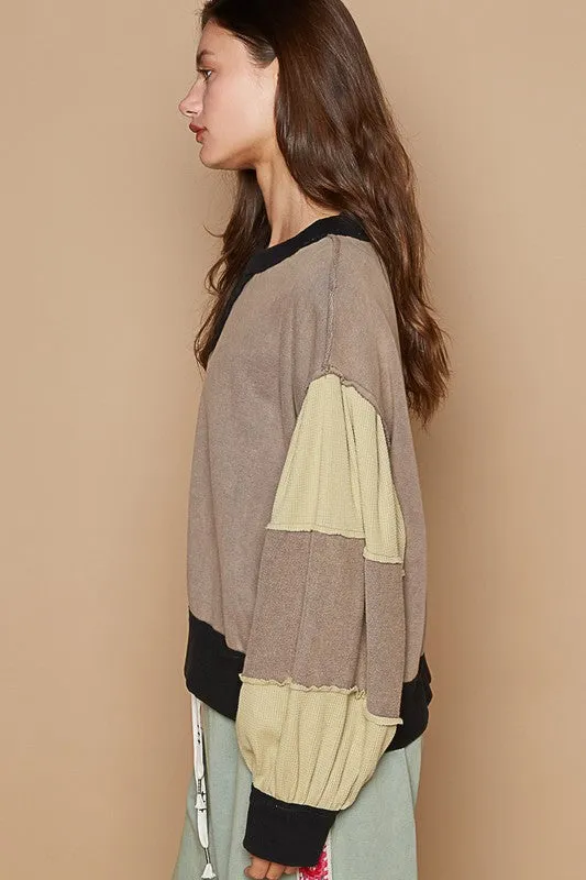 Waffle-Knit Color Block Sweatshirt